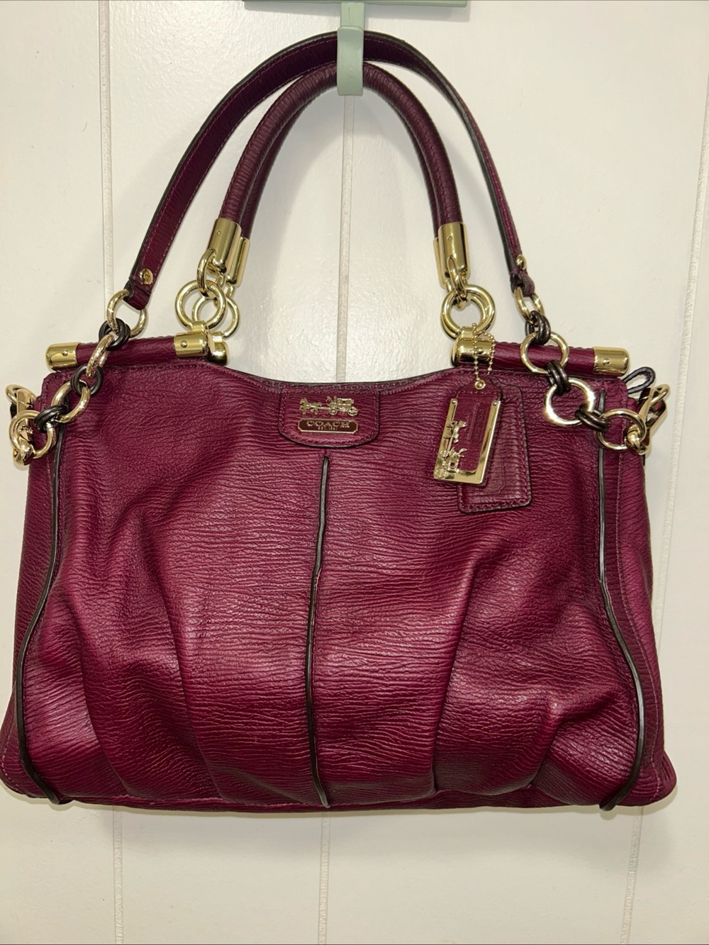 Coach Pebbled Leather Shoulder Bag in Berry with Gold Hardware